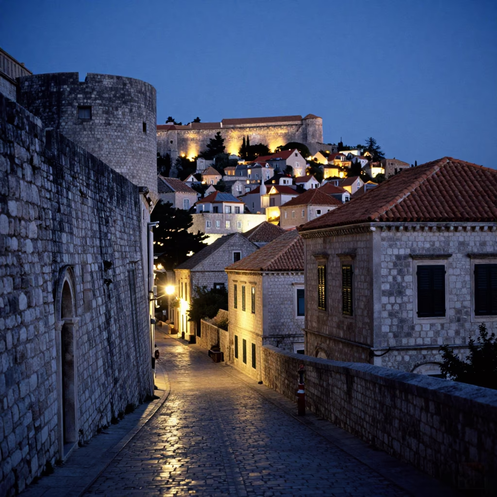 Dubrovnik Croatia twilight scene with historic stone walls and glowing city lights in in Dubrovnik, Croatia