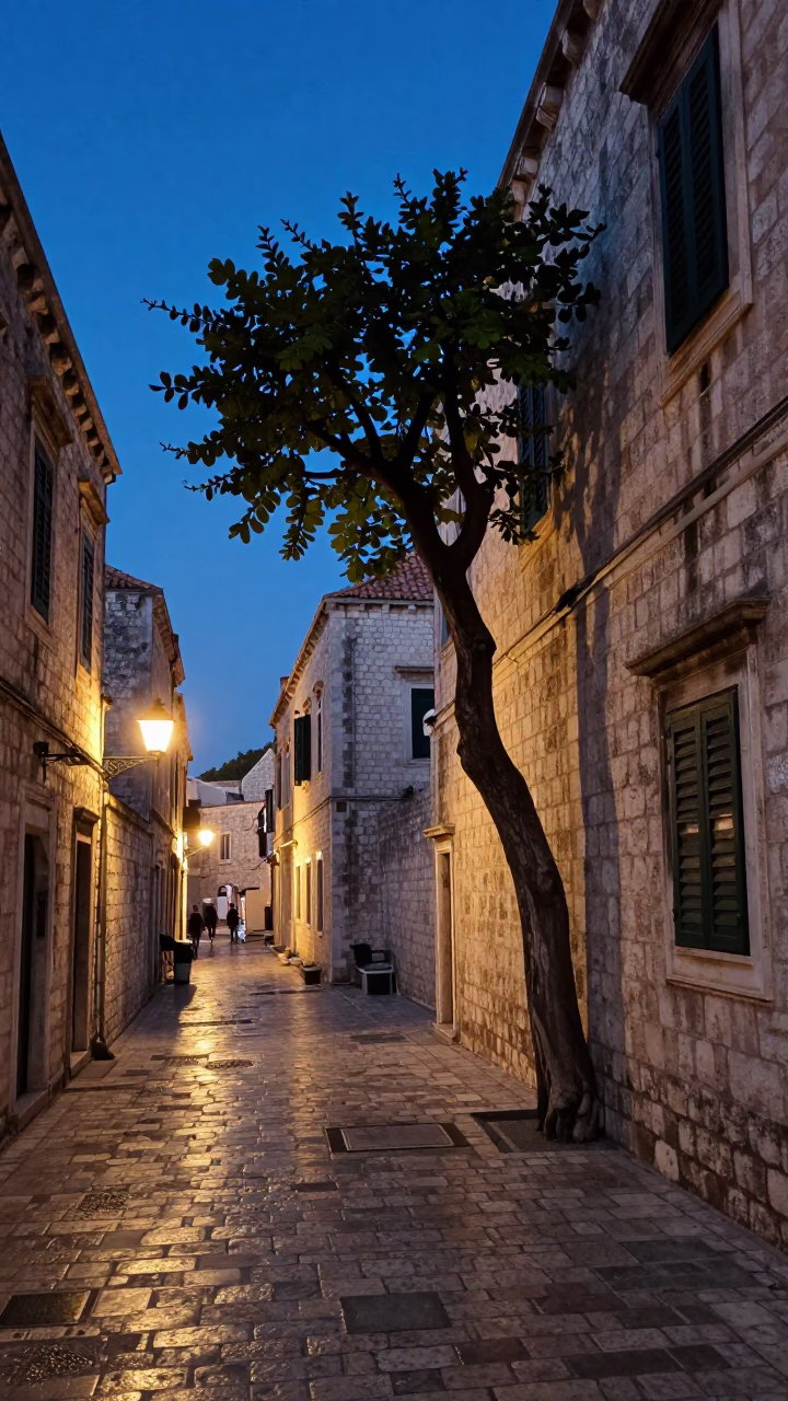 Dubrovnik Croatia Twilight Stone Alleyway Fig Tree and Local Life in in Dubrovnik, Croatia