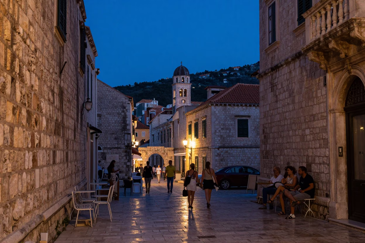 Dubrovnik Croatia Twilight Street Scene with Glass Tumblers and Stone Architecture in in Dubrovnik, Croatia