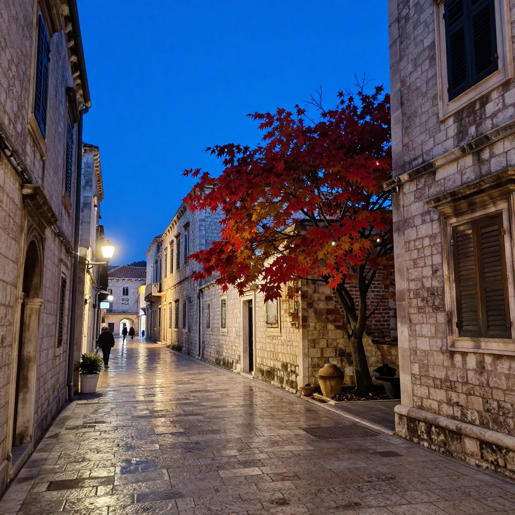 Dubrovnik Croatia Twilight Street Scene with Japanese Maple and Brick Oven Pizza in in Dubrovnik, Croatia
