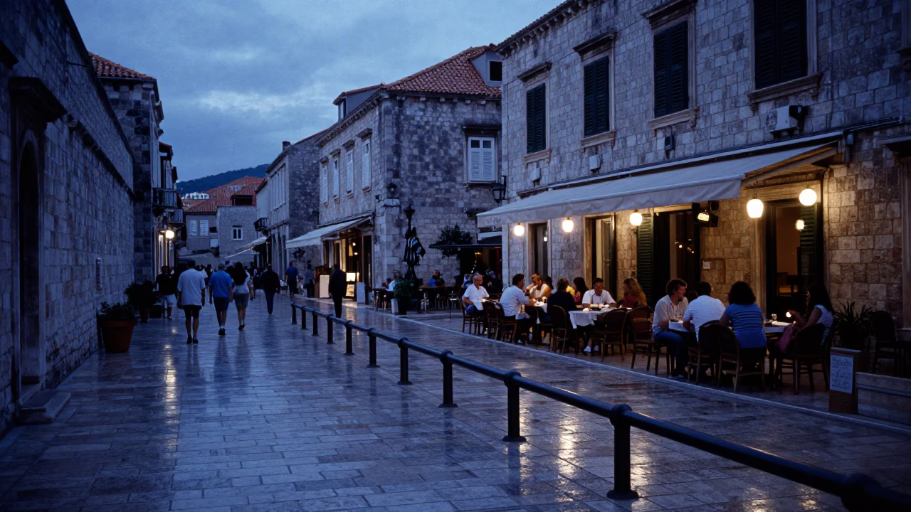 Dubrovnik Croatia Twilight Street Scene with Peg Rails and Taper Candle in in Dubrovnik, Croatia