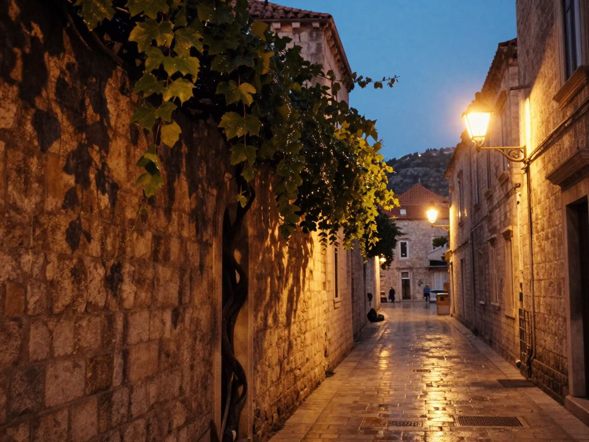 Dubrovnik Croatia Twilight Street Scene with Vine and Condensation on Glass in in Dubrovnik, Croatia