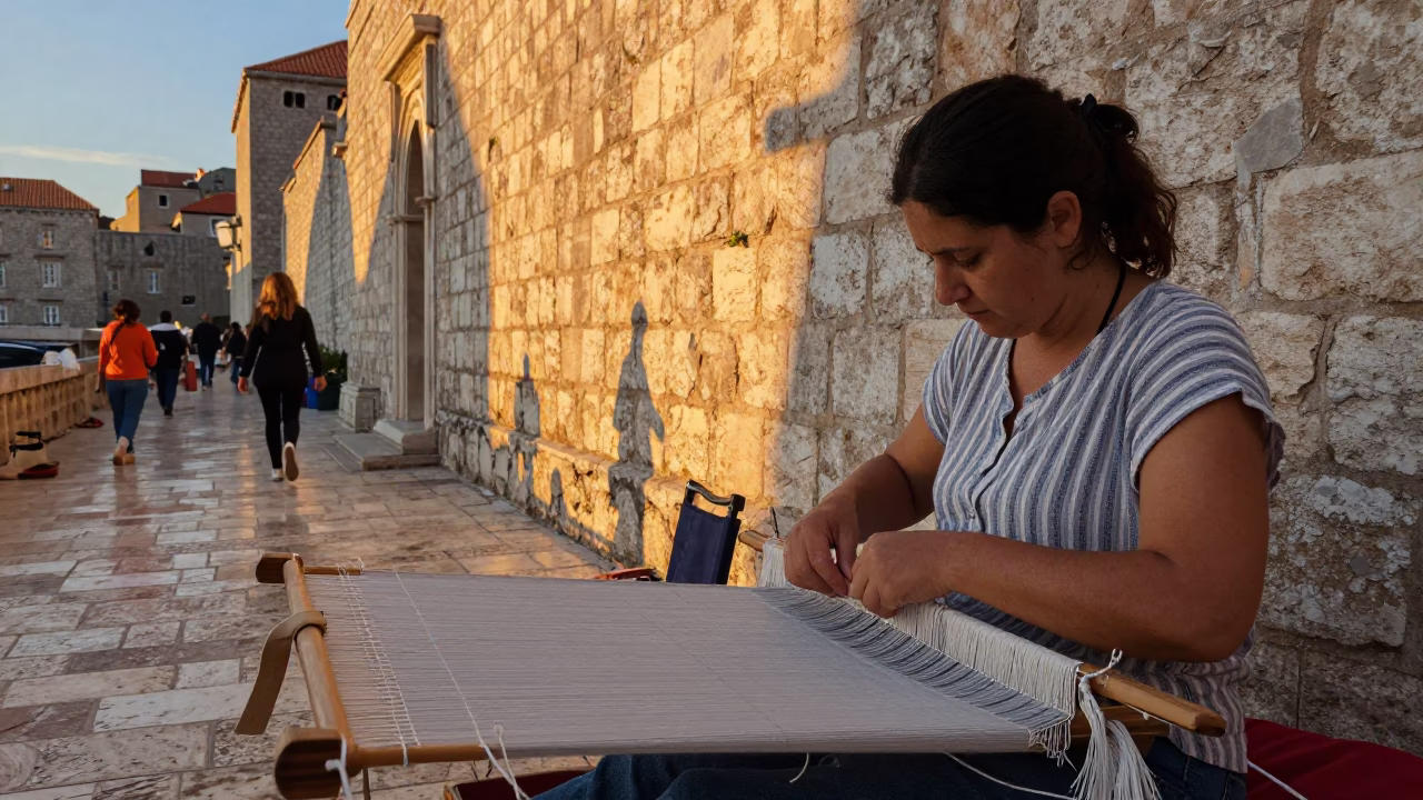 Dubrovnik Early Evening Street Scene with Local Weaver and Measuring Tape in in Dubrovnik, Croatia