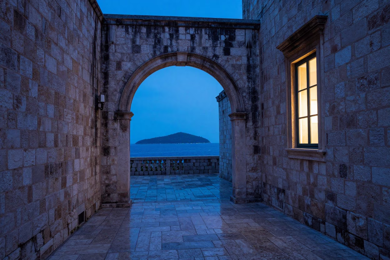 Dubrovnik Evening Blue Hour Stone Archway with Glowing Window and Coastal Details in in Dubrovnik, Croatia