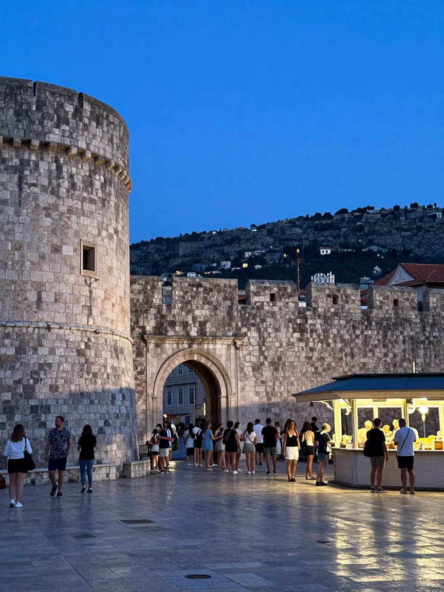 Dubrovnik Evening Blue Hour Stone Walls and Tourist Activity in in Dubrovnik, Croatia