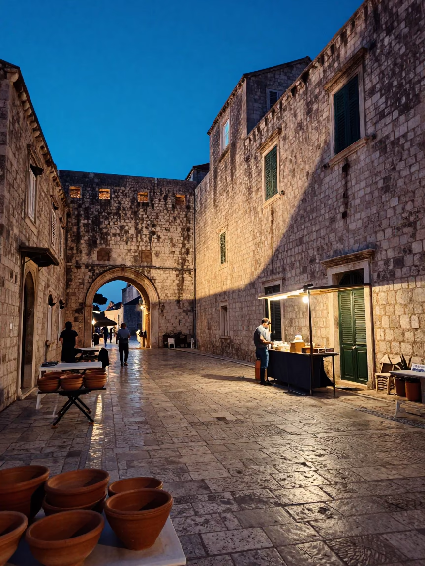 Dubrovnik Evening Blue Hour Street Scene with Terracotta Bowls and Local Life in in Dubrovnik, Croatia
