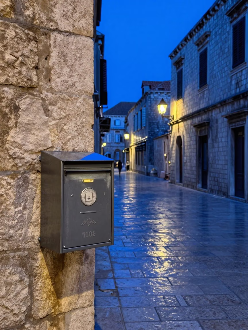 Dubrovnik Evening Blue Light Old Town Street Scene with Mailbox and Wool Scarves in in Dubrovnik, Croatia