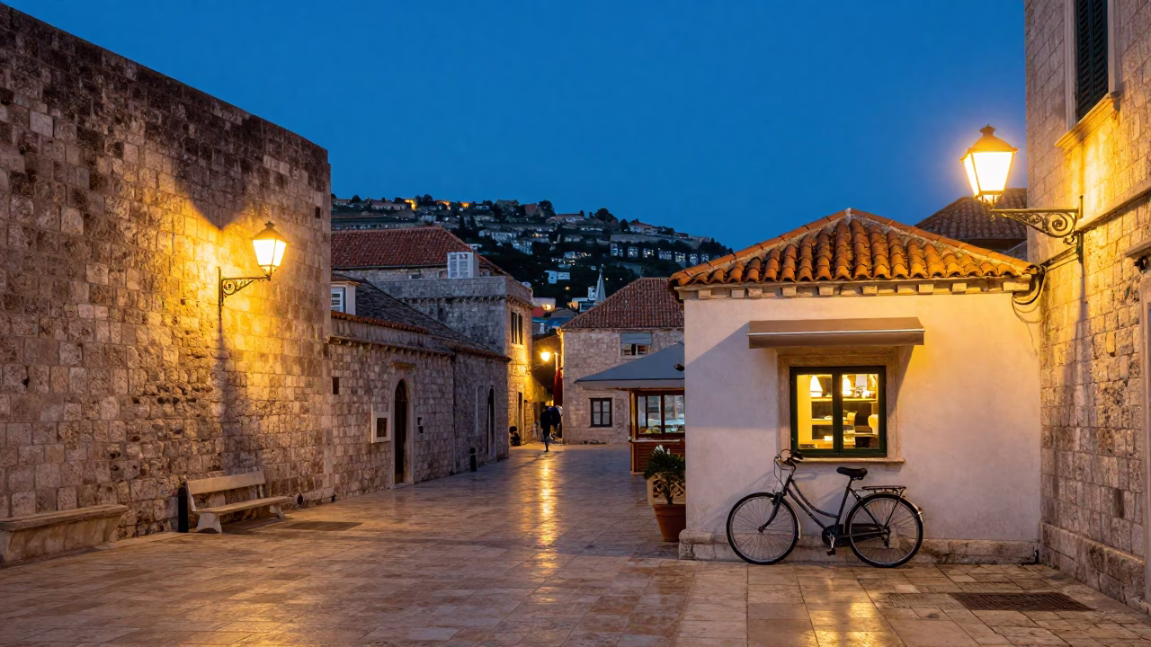 Dubrovnik Evening Light at As City Lights Begin To Glow in in Dubrovnik, Croatia