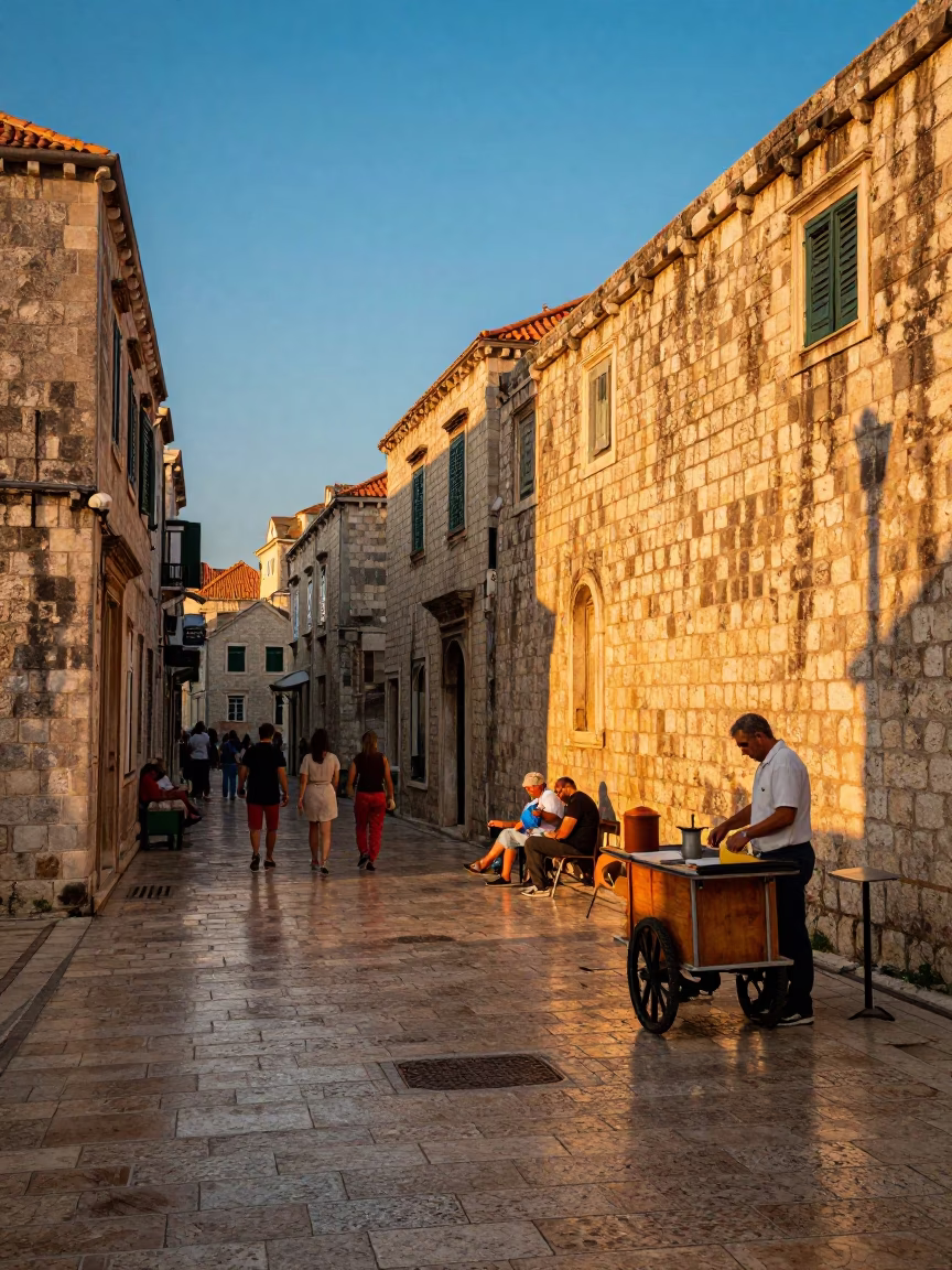 Dubrovnik Evening Light on Old Town Street with Locals and Traditional Food in in Dubrovnik, Croatia