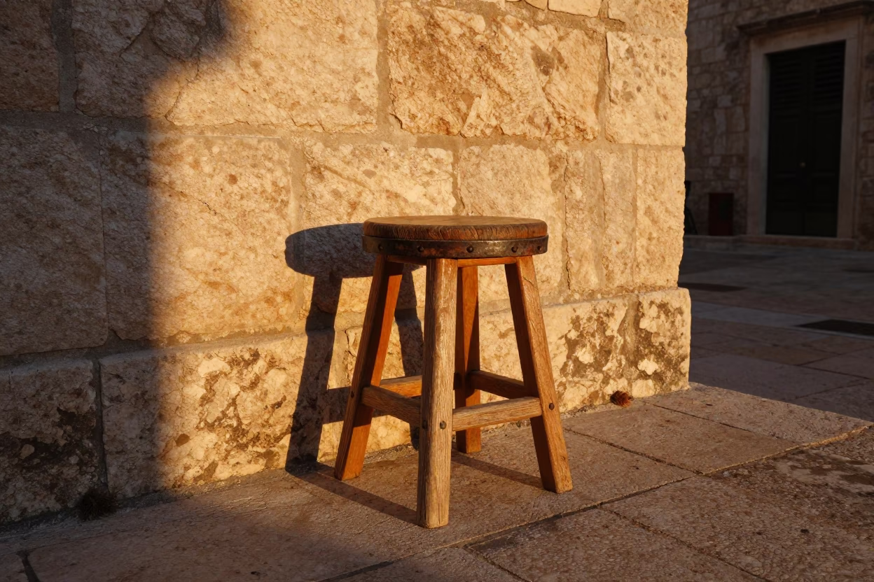 Dubrovnik Evening Light Stone Wall Stool and Metal Rim in Croatian Harbor in in Dubrovnik, Croatia