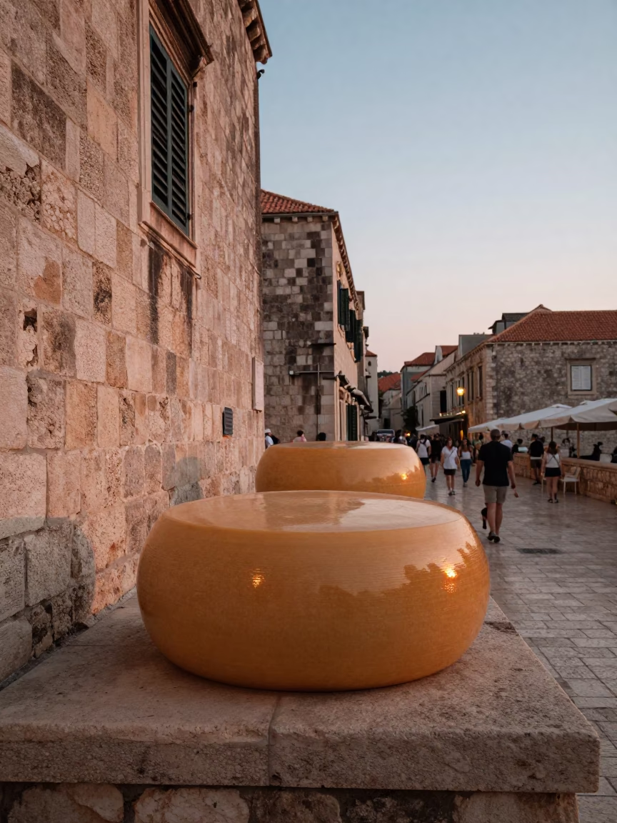 Dubrovnik Evening Street Scene with Ceramic Beehive Cheese Dome and Slate Board in in Dubrovnik, Croatia
