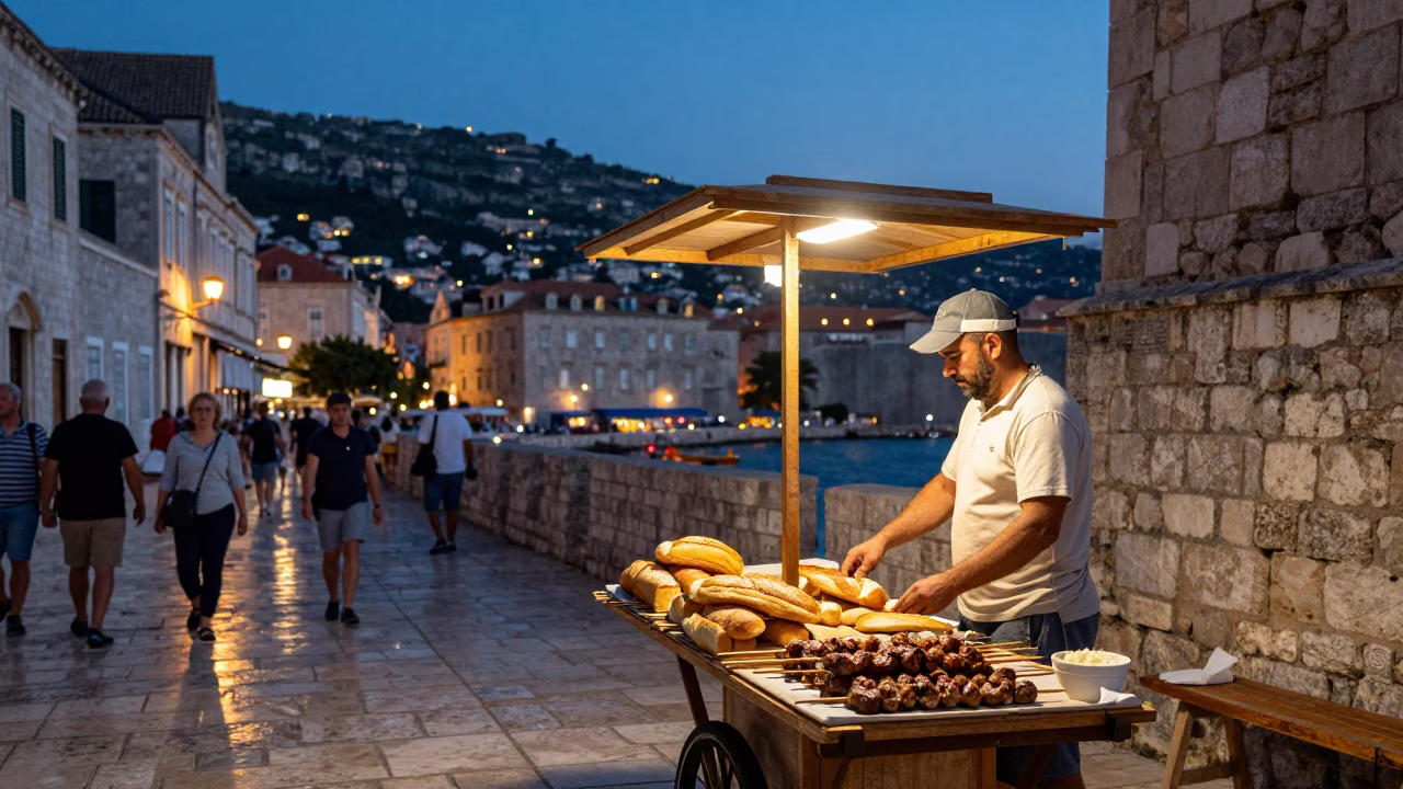 Dubrovnik Evening Street Scene with Local Food and City Lights in in Dubrovnik, Croatia