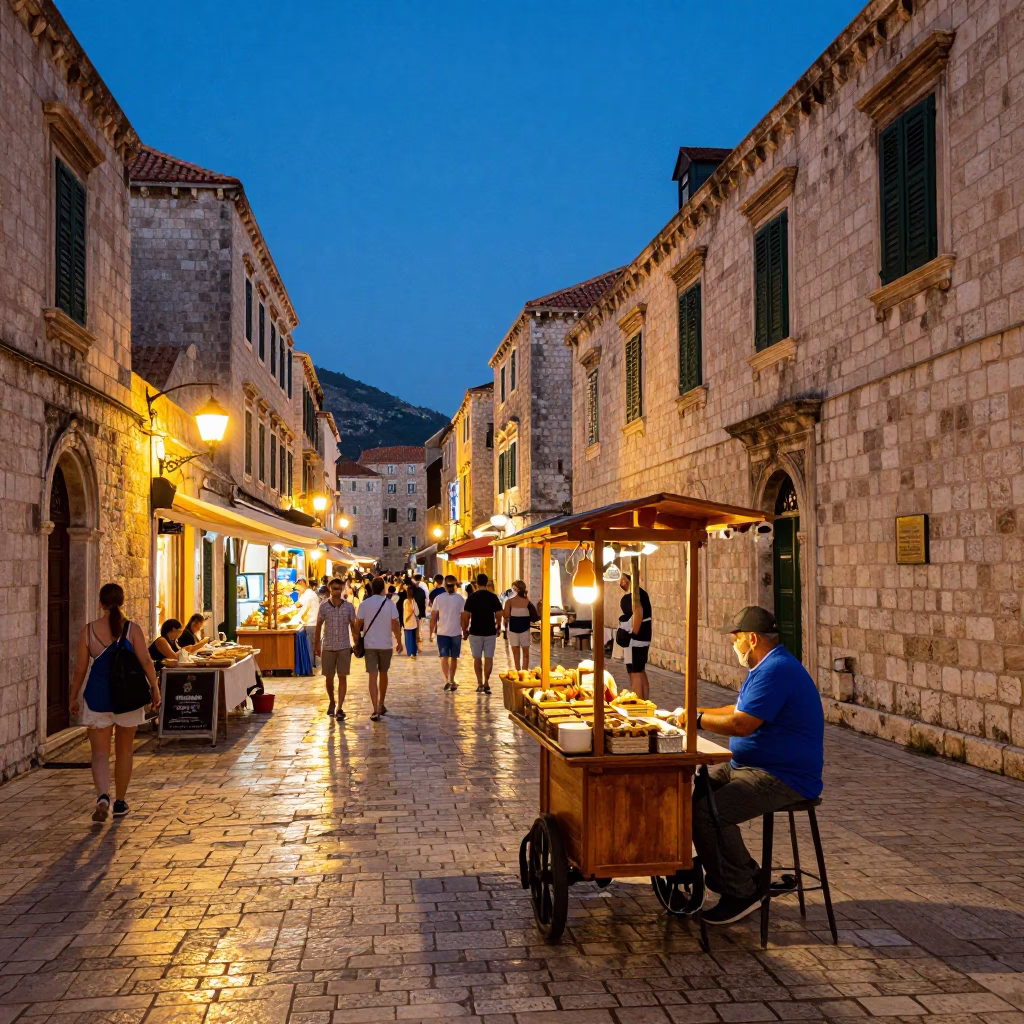 Dubrovnik Evening Street Scene with Local Food and Historic Architecture in in Dubrovnik, Croatia