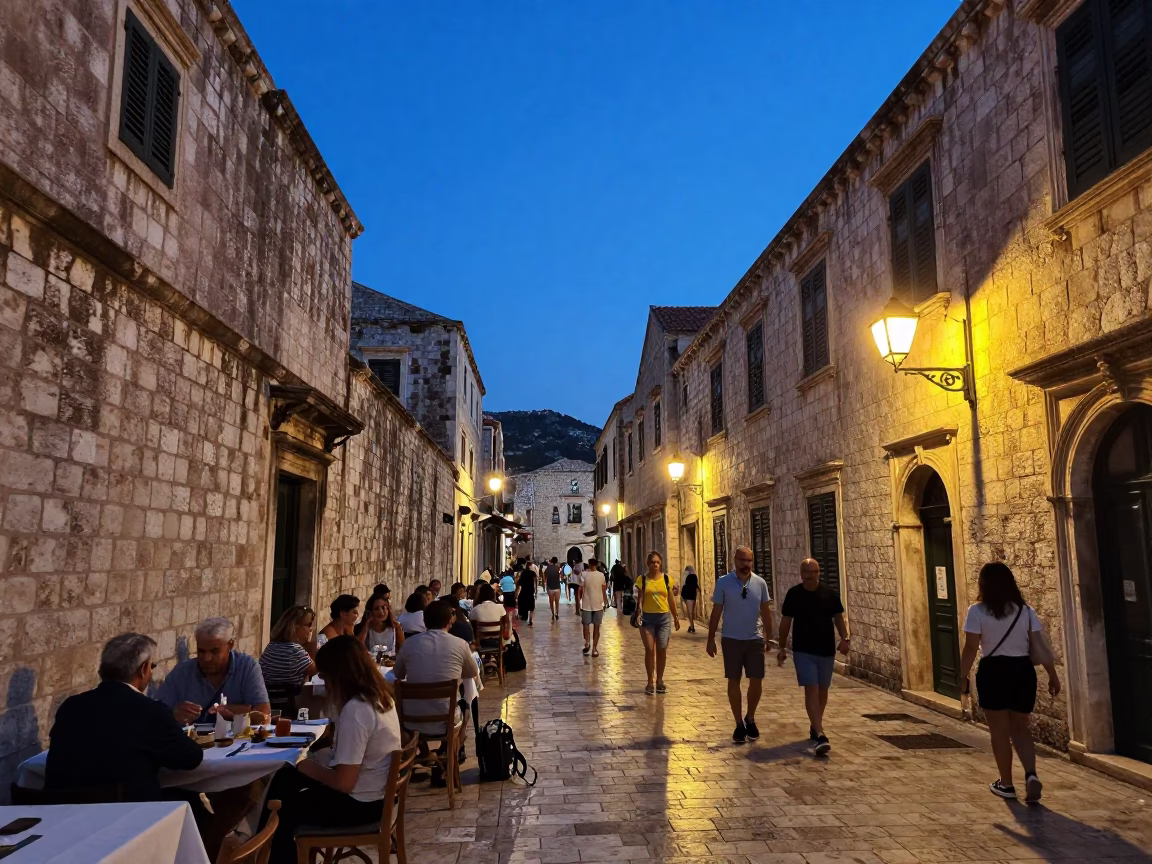Dubrovnik evening street scene with locals dining and historic stone walls at twilight in in Dubrovnik, Croatia