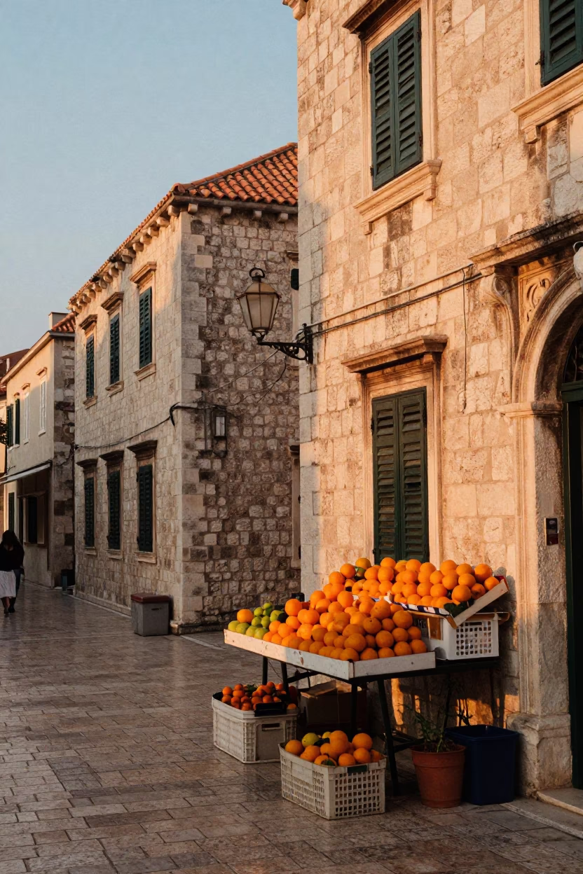 Dubrovnik Evening Street Scene with Oranges and Local Life in Honeyed Light in in Dubrovnik, Croatia