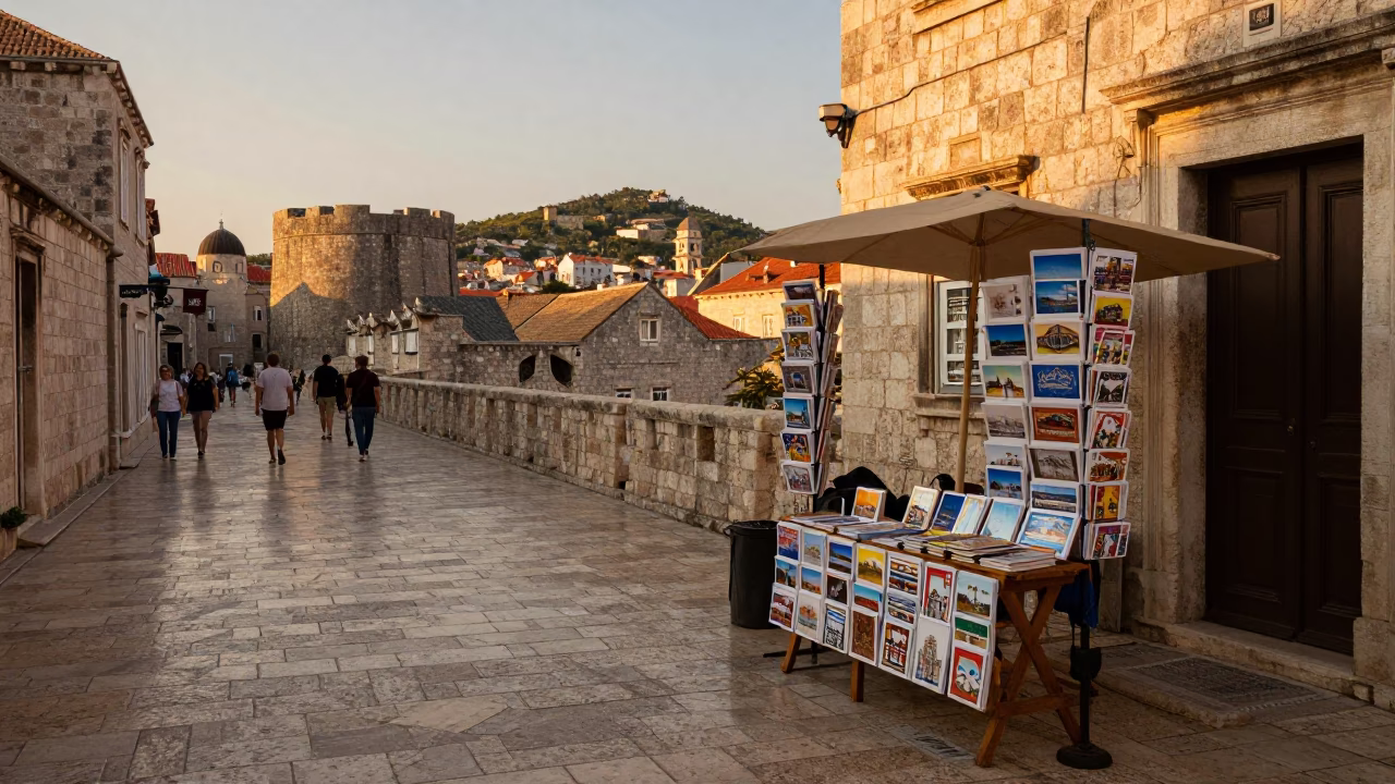Dubrovnik Evening Street Scene with Postcards and Local Vendor in in Dubrovnik, Croatia