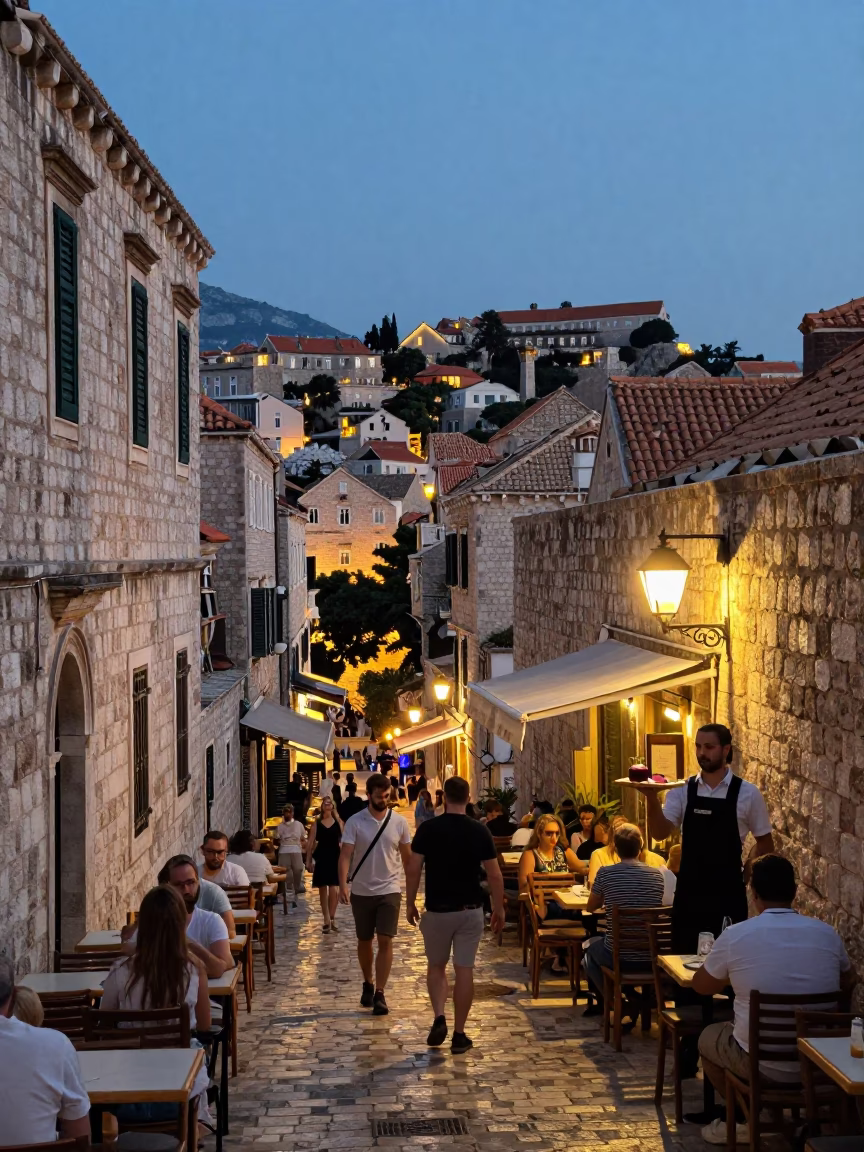 Dubrovnik Evening Street Scene with Stone Architecture and Local Dining in in Dubrovnik, Croatia