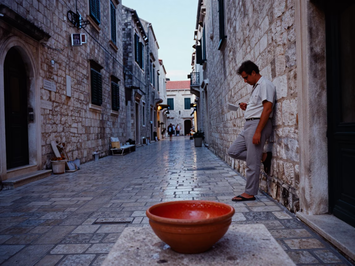 Dubrovnik Evening Street Scene with Terracotta Bowl and Red Camellia Flowers in in Dubrovnik, Croatia