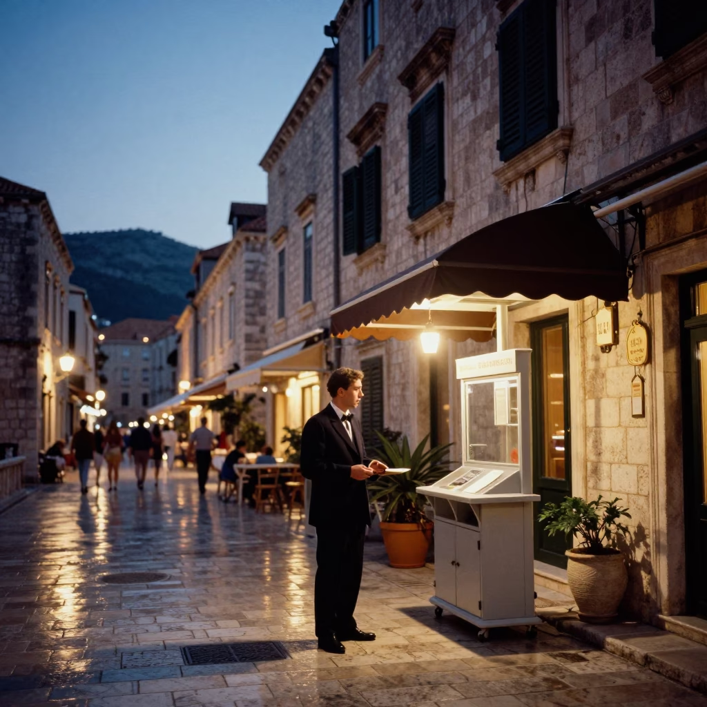 Dubrovnik evening street scene with valet stand and hotel awnings reflecting headlight streaks in in Dubrovnik, Croatia