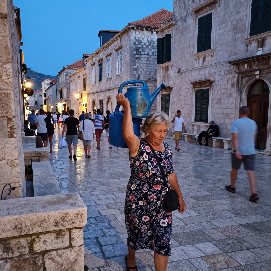 Dubrovnik Evening Street Scene with Watering Jug and Stone Walls in in Dubrovnik, Croatia