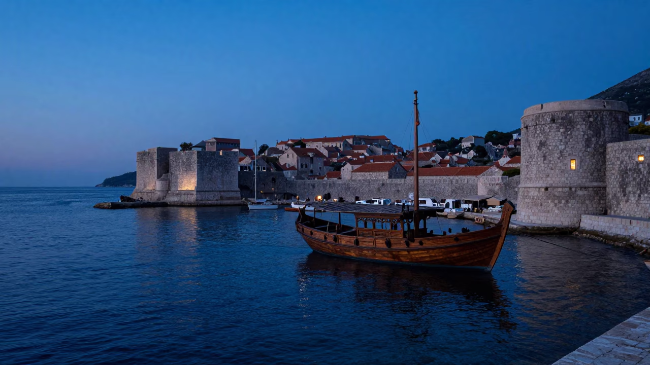 Dubrovnik Harbor at Indigo Twilight After Sunset in in Dubrovnik, Croatia