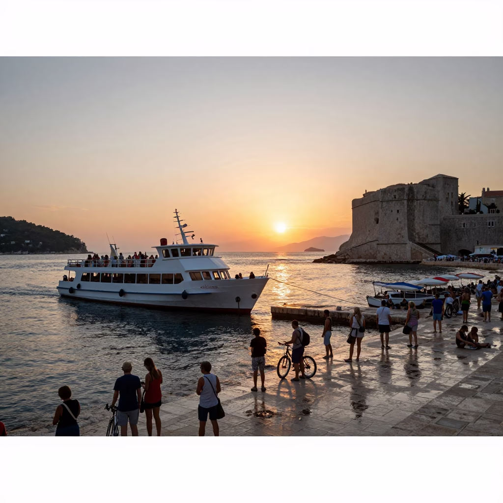 Dubrovnik Harbor Ferry Docking at Sunset with Passengers and Bicycles in in Dubrovnik, Croatia