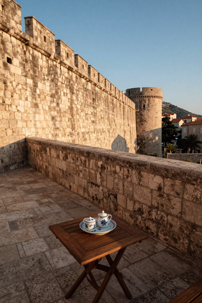 Dubrovnik Late Afternoon Terrace View Over Ancient Stone Walls And Sea in in Dubrovnik, Croatia