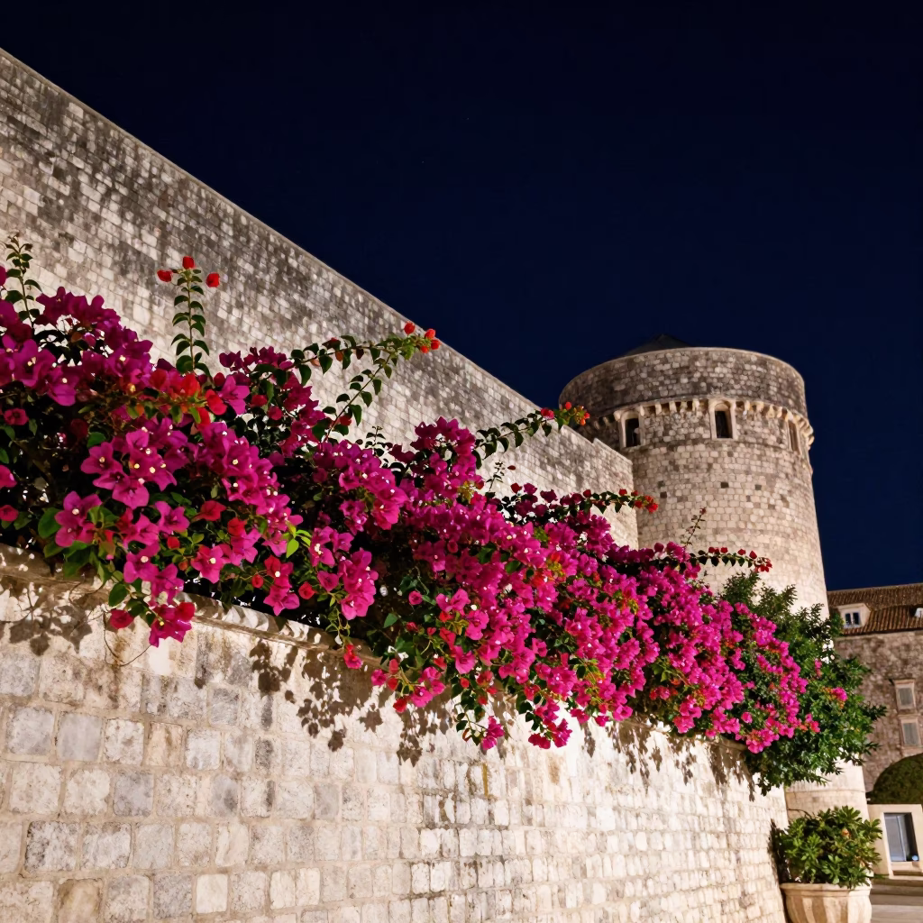 Dubrovnik Night Scene Bougainvillea Over White Wall Under Deep Sky Croatia in in Dubrovnik, Croatia