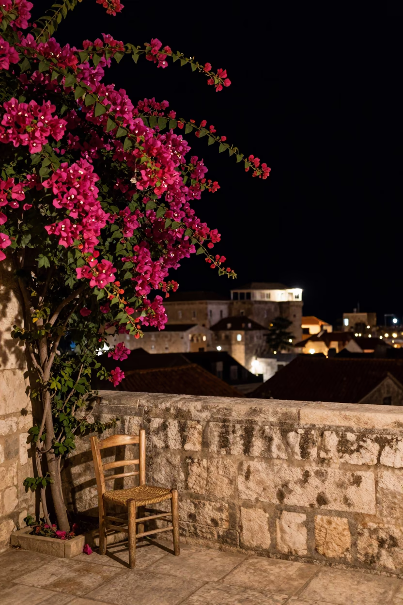 Dubrovnik Night Scene with Bougainvillea and Vintage Ladder-Back Chair in in Dubrovnik, Croatia