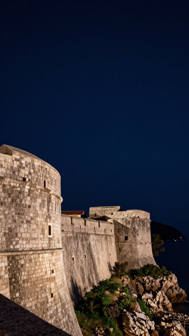 Dubrovnik Night Sky Over Ancient Stone Walls and Coastal Harbor in in Dubrovnik, Croatia