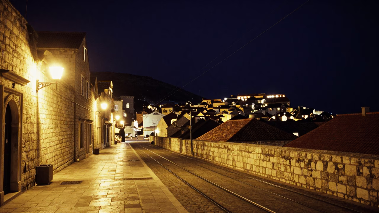 Dubrovnik Night Street Scene with Funicular and Table Lamps in in Dubrovnik, Croatia
