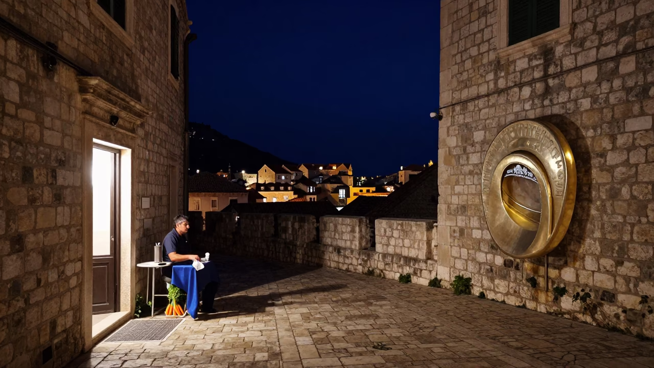Dubrovnik Night Street Scene with Signet Ring and Carrots in in Dubrovnik, Croatia