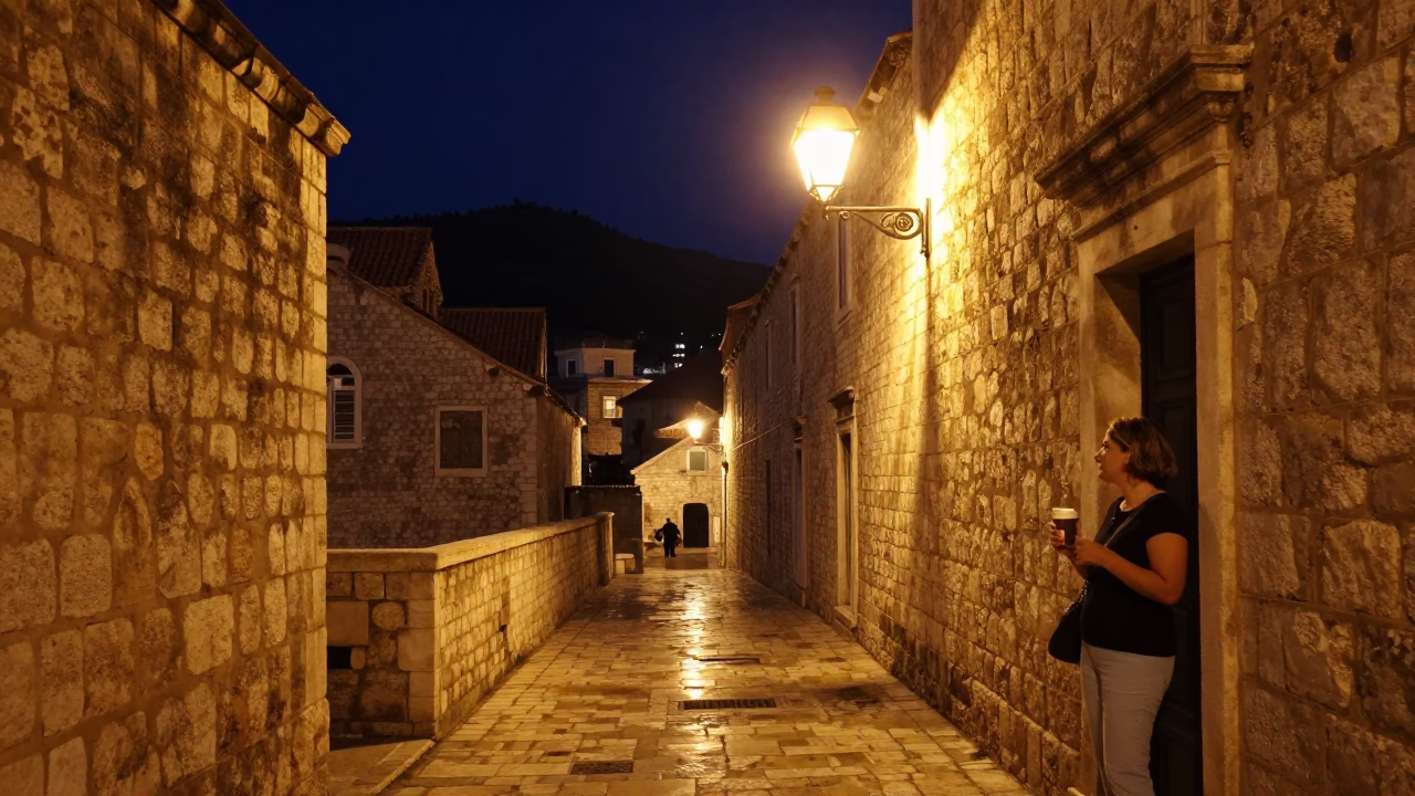 Dubrovnik Night Street Scene with Stone Walls and Local Evening Activity in in Dubrovnik, Croatia