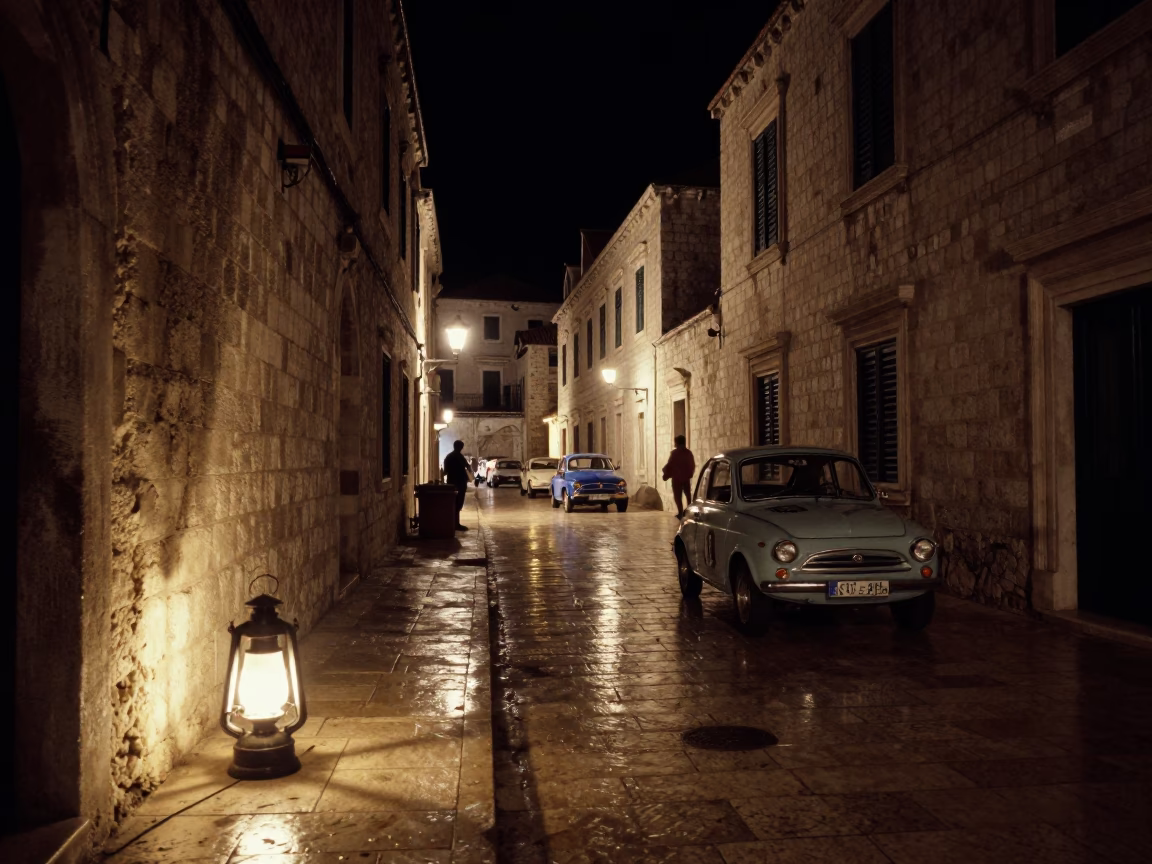 Dubrovnik Night Street Scene with Vintage Car Rally and Hurricane Lamp in in Dubrovnik, Croatia