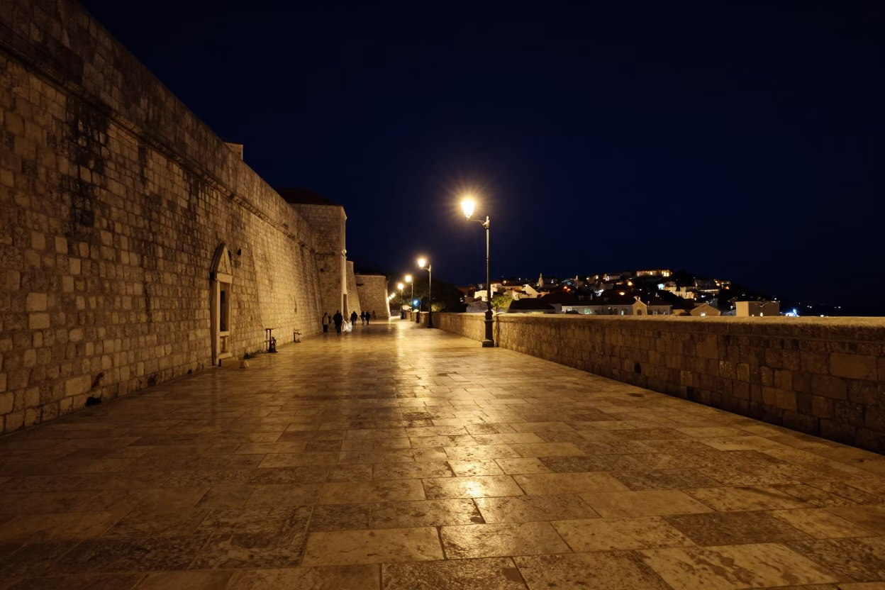 Dubrovnik Night View From Stradun Stone Pavement Under Deep Sky in in Dubrovnik, Croatia