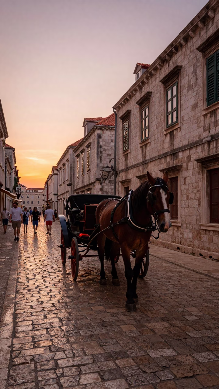 Dubrovnik Old Town Cobblestone Street with Horse-Drawn Cart in Copper Toned Dusk Light in in Dubrovnik, Croatia
