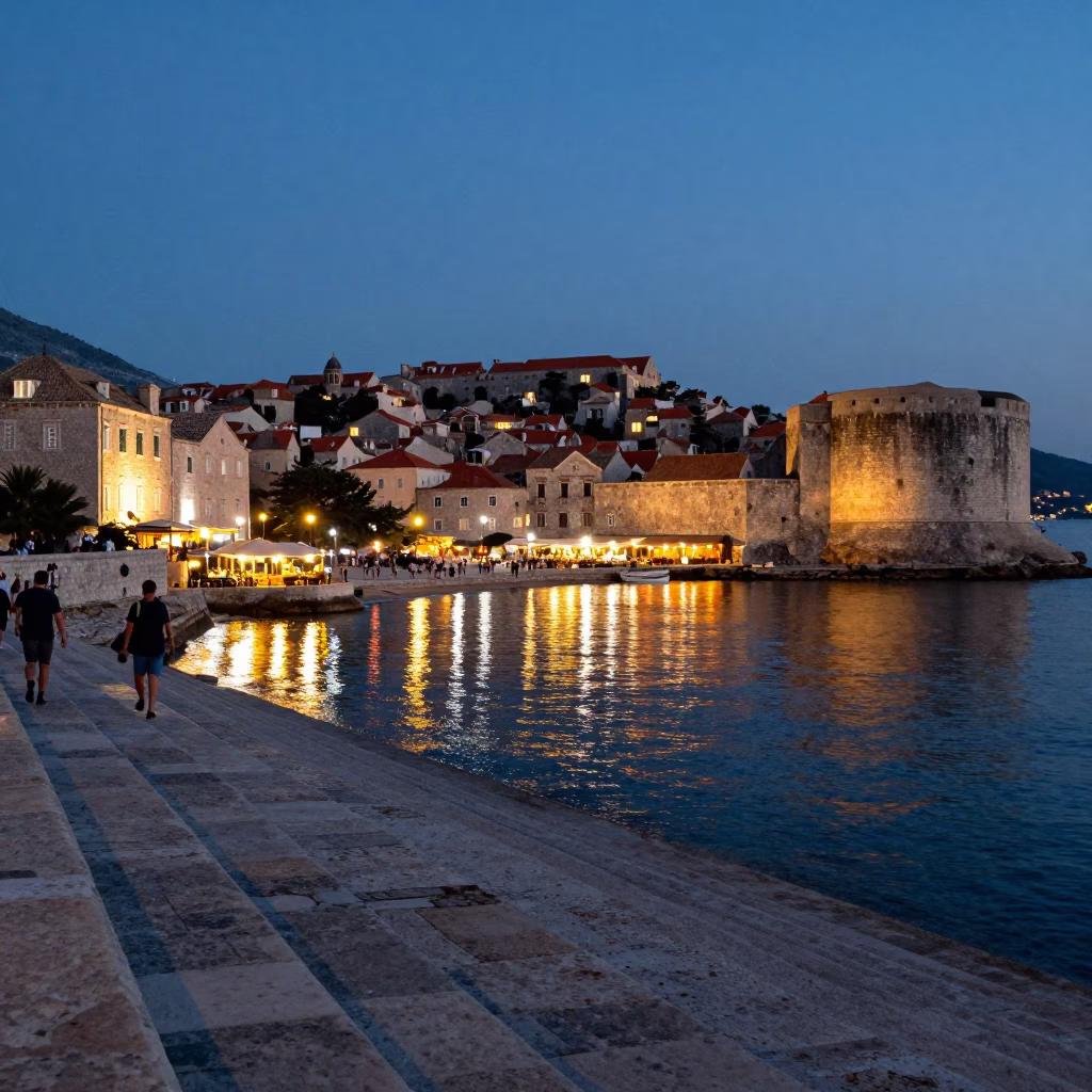 Dubrovnik Old Town Evening Lights Reflecting on Stone Steps Near Harbor in in Dubrovnik, Croatia