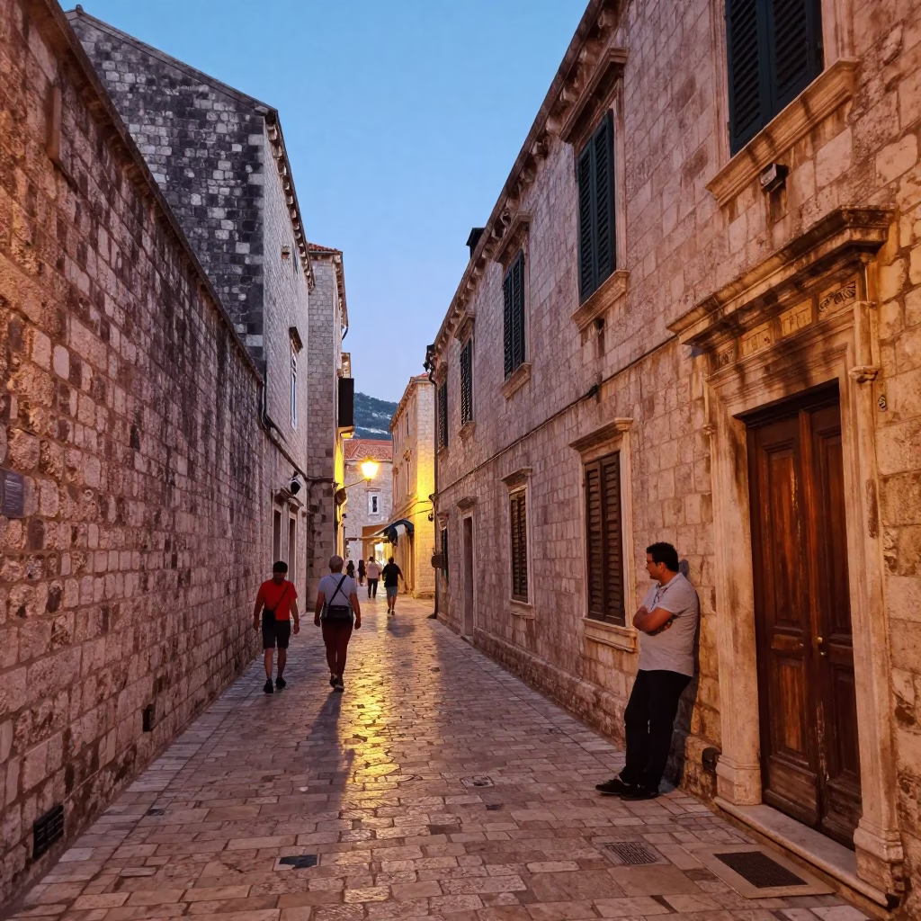 Dubrovnik Old Town Evening Scene with Stone Walls and Local Life in in Dubrovnik, Croatia