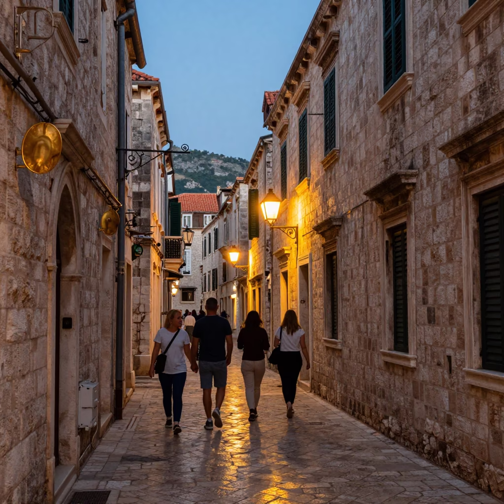Dubrovnik Old Town Evening Street Scene with Brass Fixtures and City Lights in in Dubrovnik, Croatia