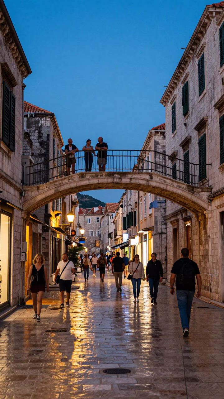 Dubrovnik Old Town Evening Street Scene with Pedestrian Overpass and Glass Jars in in Dubrovnik, Croatia