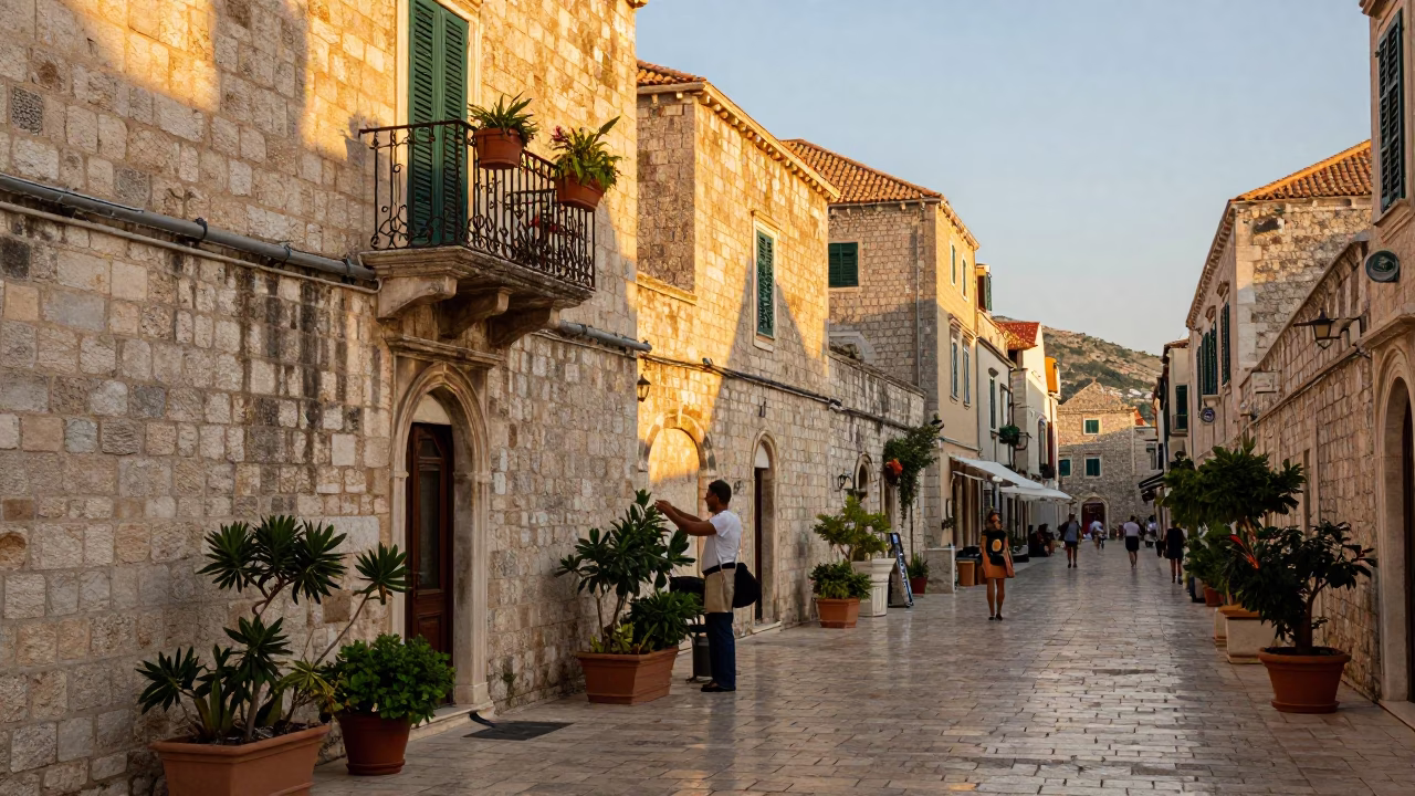 Dubrovnik Old Town Evening Street Scene with Potted Plants and Stone Walls in in Dubrovnik, Croatia