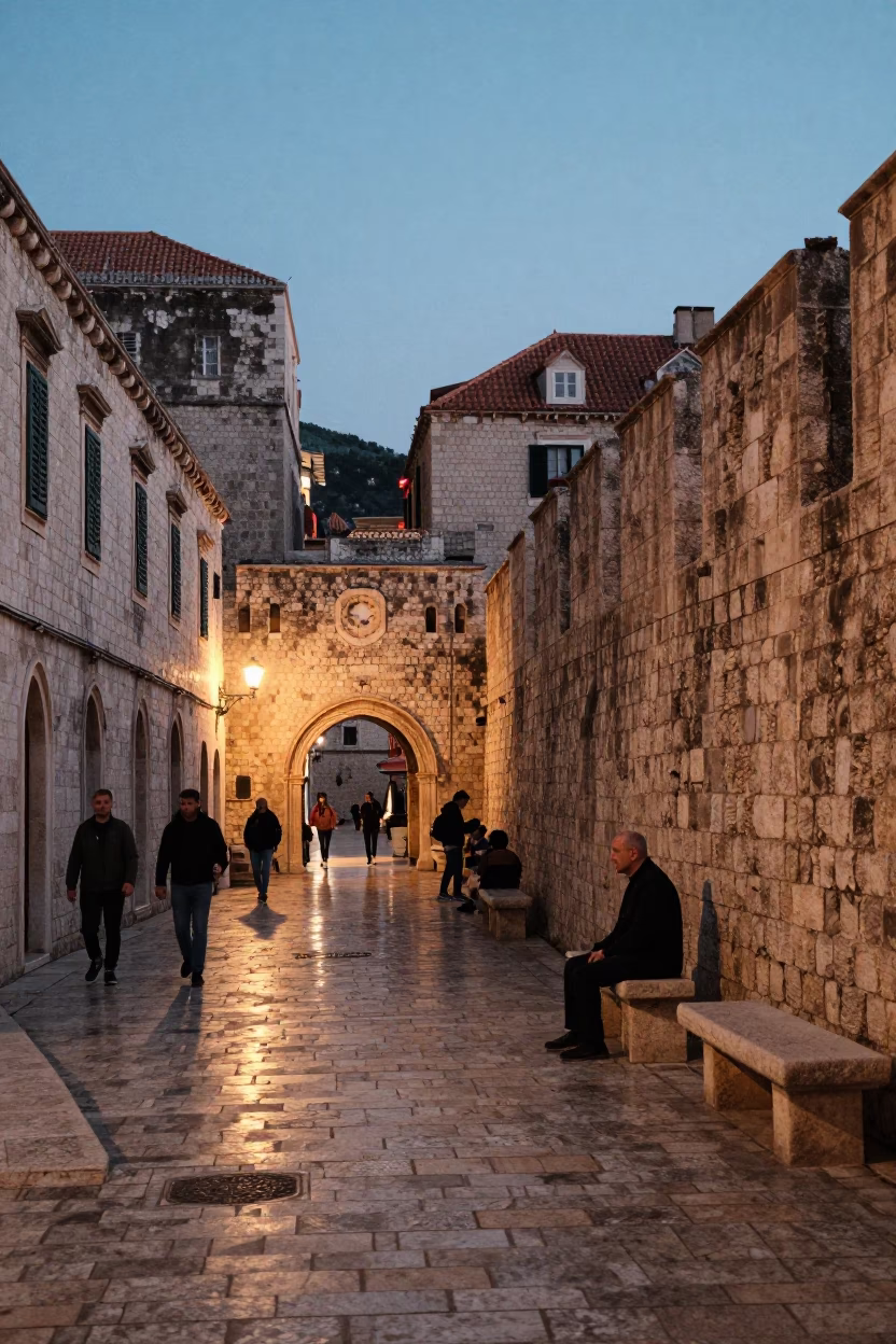 Dubrovnik Old Town Evening Street Scene with Stone Walls and Local Life in in Dubrovnik, Croatia
