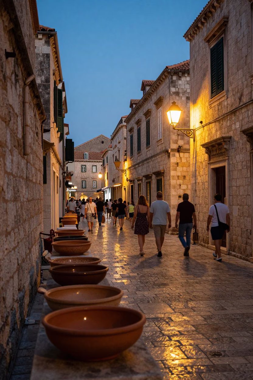 Dubrovnik Old Town Evening Street Scene with Terracotta Bowls and Local Commerce in in Dubrovnik, Croatia