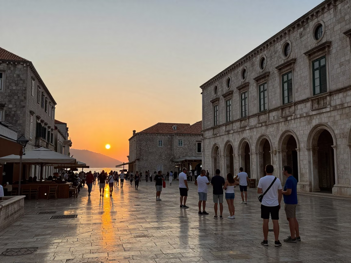 Dubrovnik Old Town Evening Street Scene with Tourists and Historic Stone Architecture in in Dubrovnik, Croatia