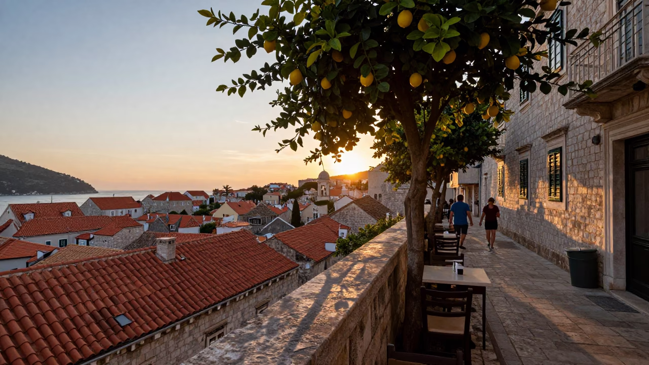 Dubrovnik Old Town Evening Stroll with Lemon Tree Shadows and Glass Tumbler in in Dubrovnik, Croatia