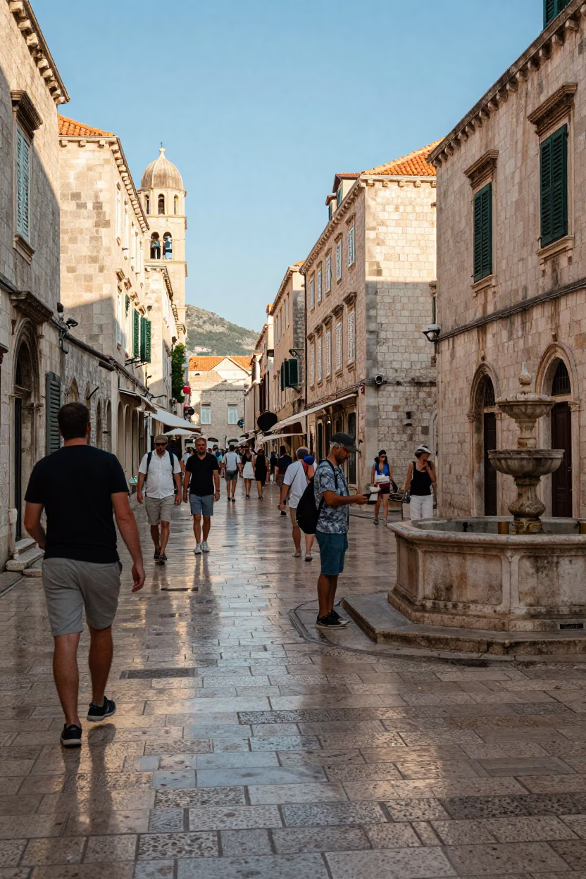 Dubrovnik Old Town Late Afternoon Street Scene with Model Ship Vendor in in Dubrovnik, Croatia