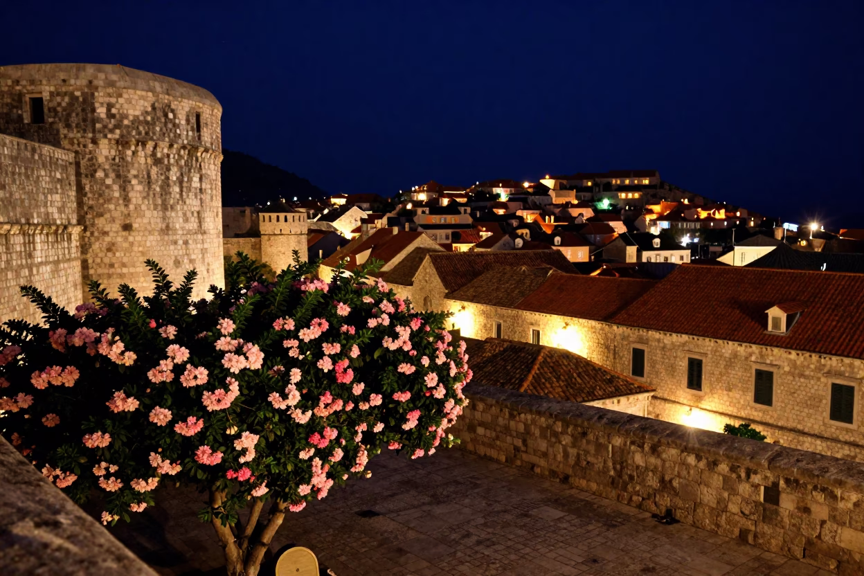 Dubrovnik Old Town Night Scene with Plumbago Hedge and Stone Architecture in in Dubrovnik, Croatia