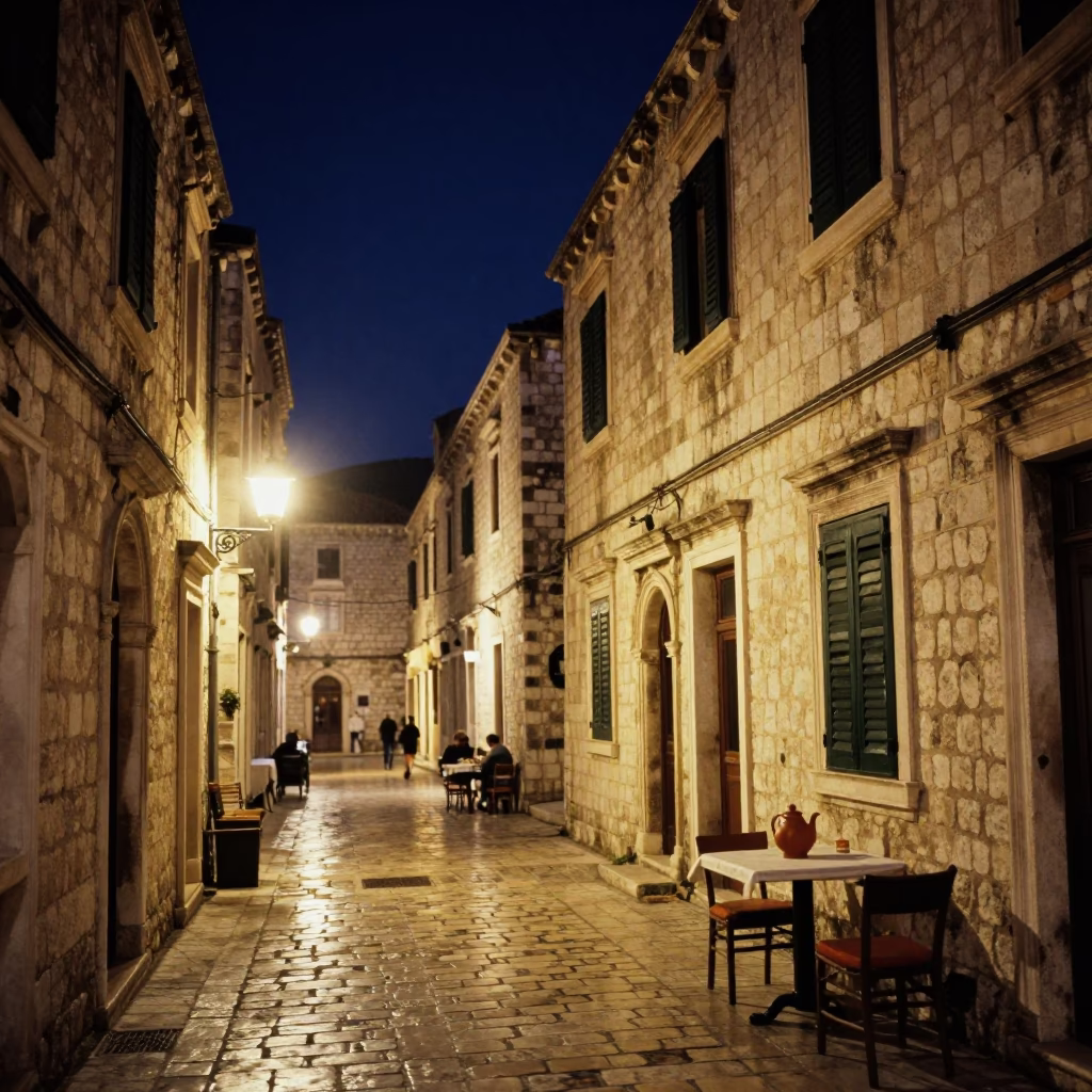 Dubrovnik Old Town Night Street Scene with Clay Teapot and Tea Stains in in Dubrovnik, Croatia