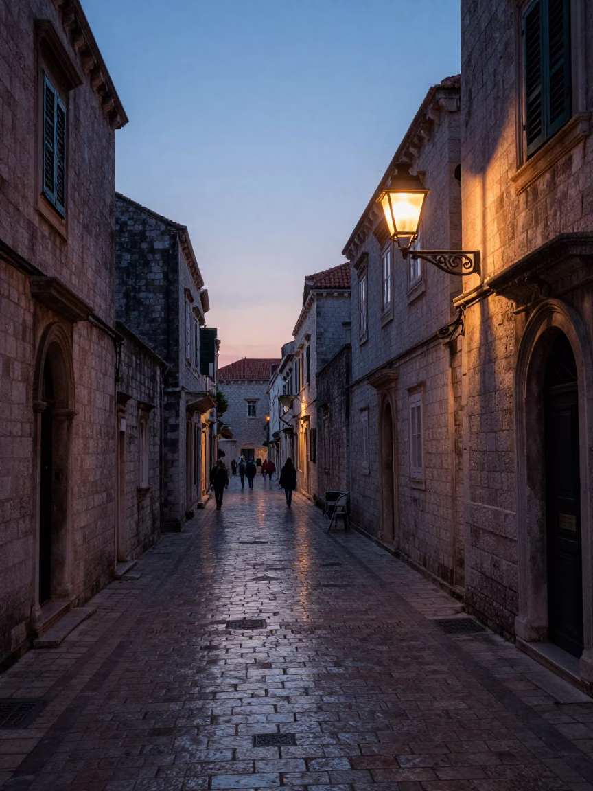 Dubrovnik Old Town Pre-Dawn Cobblestone Street with Hurricane Lamp and Local Resident in in Dubrovnik, Croatia