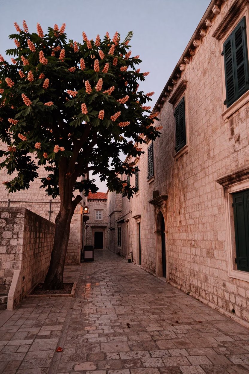 Dubrovnik Old Town Stone Alleyway Before Dusk with Chestnut Tree and Wooden Rake Heads in in Dubrovnik, Croatia